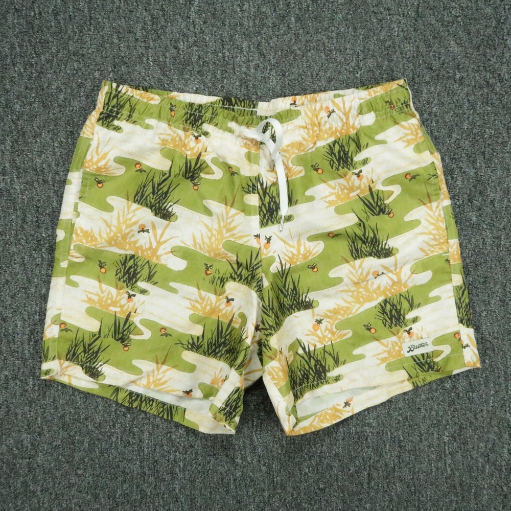 Bather Swim Trunks Men Small Green Yellow Lined All Over Print Shorts